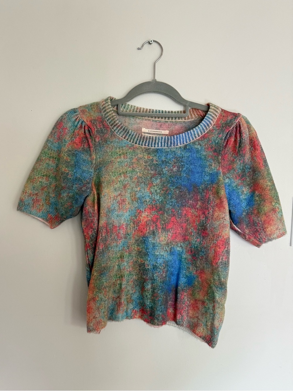 Anthropologie Multicolor Short Sleeve Knit Top in Blue, Green & Red